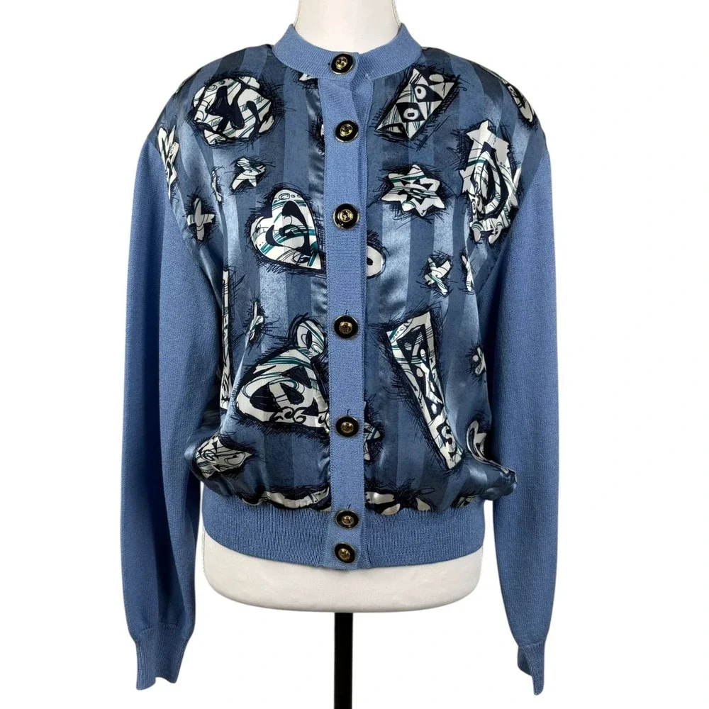 St John Collection Knit Cardigan Womens M Blue Abstract Silk‎ Lining & Scarf VTG